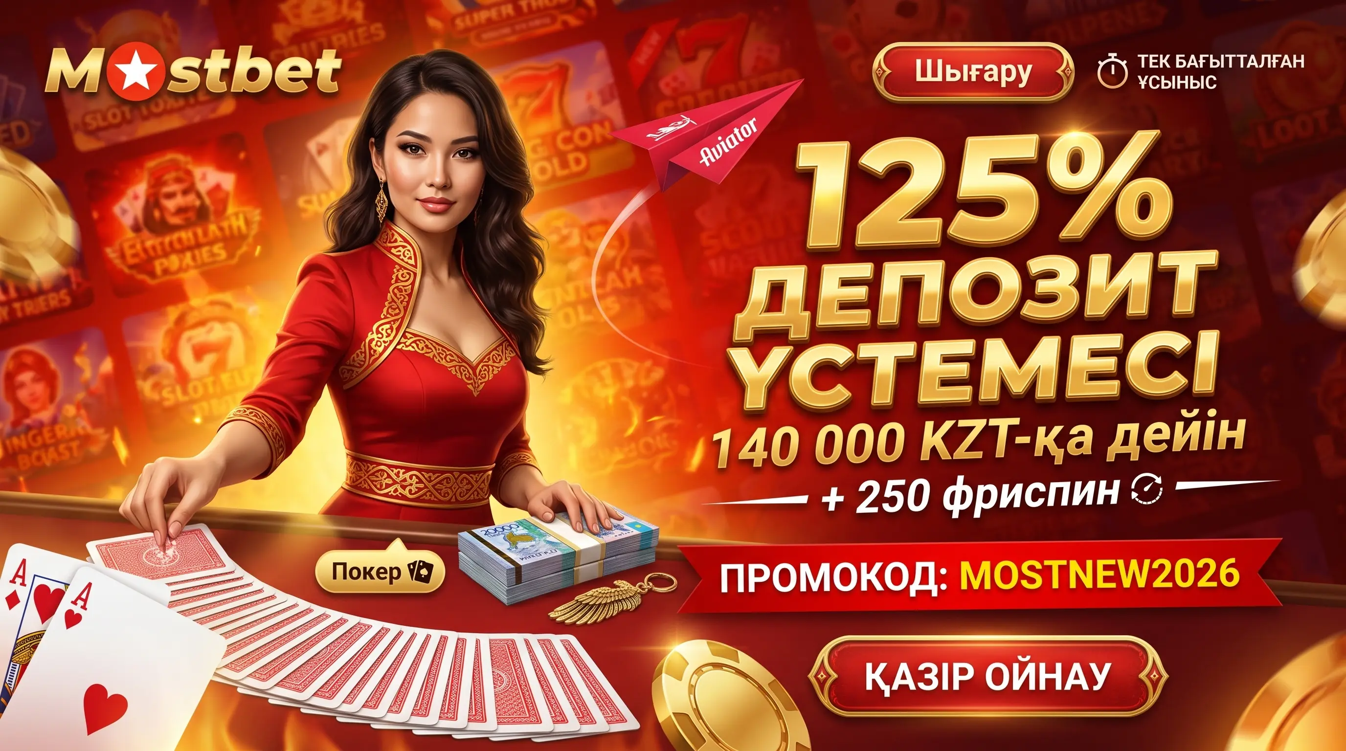 Депозитке 125% үстеме және 250 FS Mostbet бонусы
